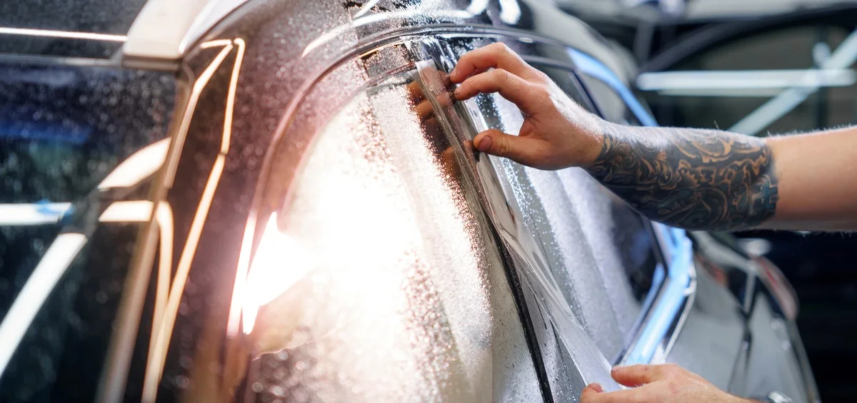 Installer pressing ceramic tint film onto a car side window