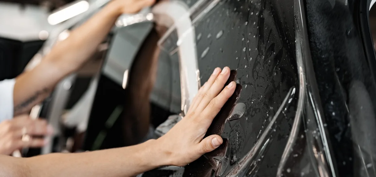 Hand smoothing tint film onto wet side glass